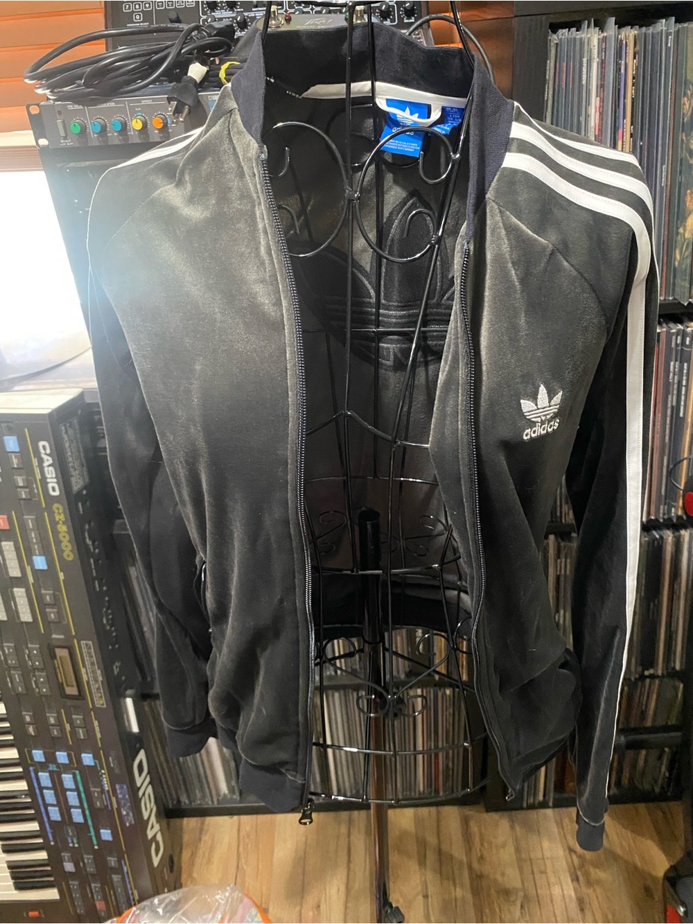 adidas dark gray velour Track Jacket with White Stripe Accents